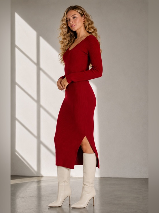 Lulus Dresses & Skirts - Lulus Darling Red Ribbed Knit Bodycon Midi Sweater Dress M Medium